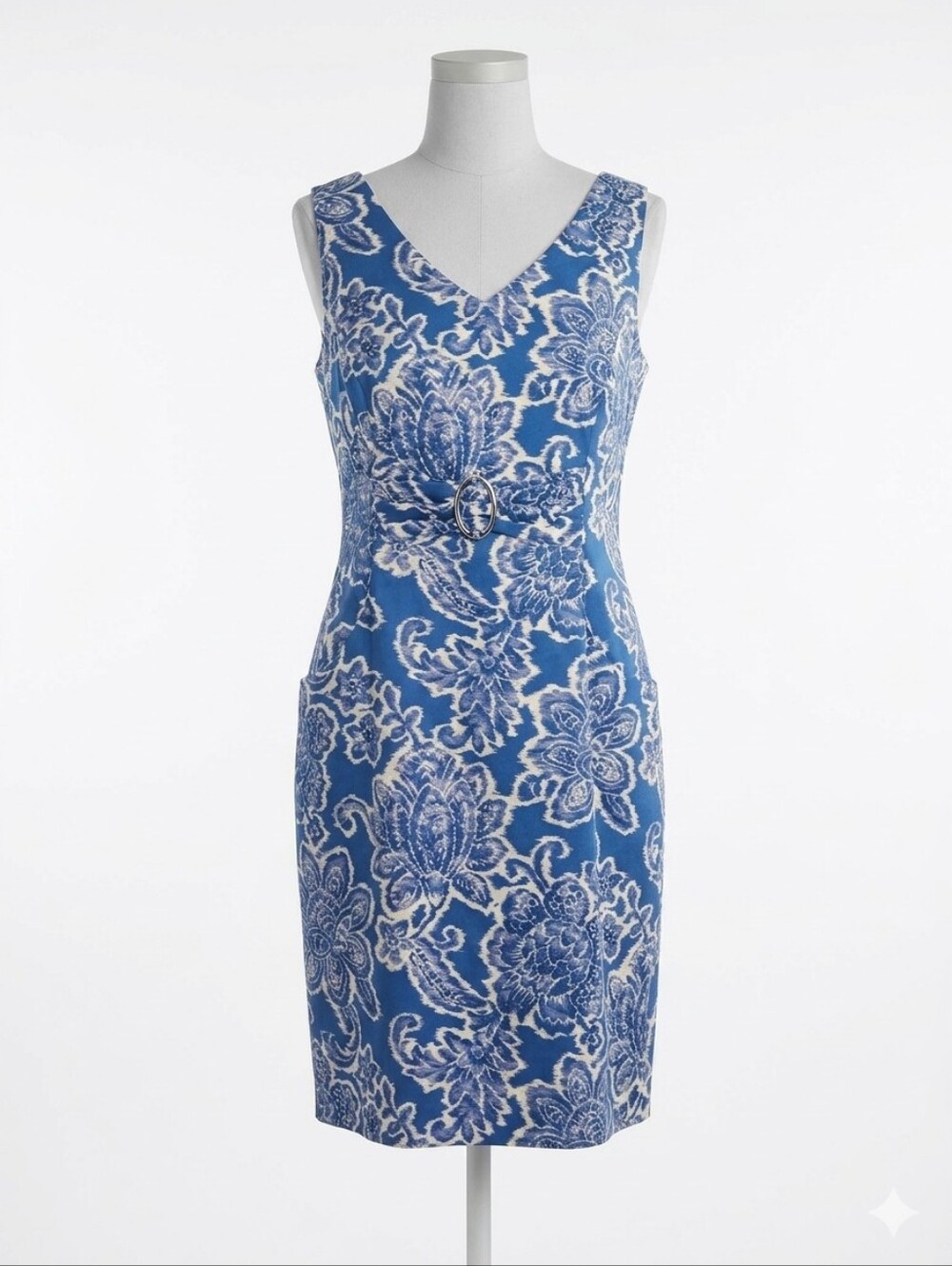 NWT Tahari Arthur S. Levine Damask Sheath Dress Size 12 Blue Cream